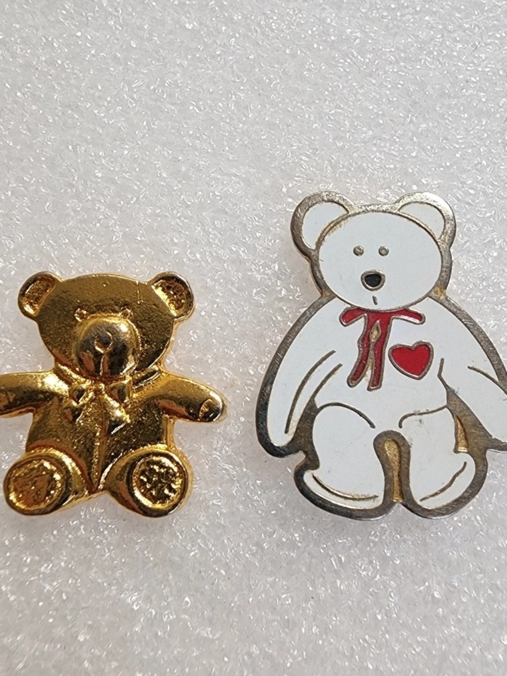 Teddy Bear Pins Lot of 2 Gold Tone & White Enamel Heart Lapel Brooches